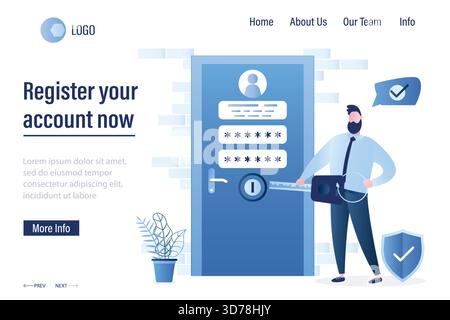 New account registration landing page template. Businessman or user hold big key, closed door with account information and password. Secure login. Mal Stock Vector
