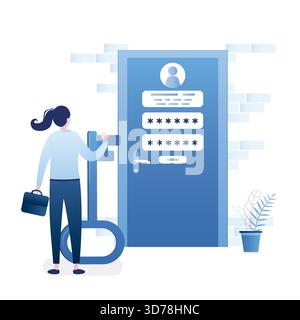 Businesswoman hold big key, closed door with account information and password. New account registration concept. Secure login. Funny internet user. Fe Stock Vector