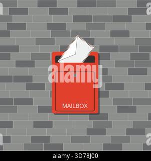 Open mailbox with letter. Red metal postbox on brick wall. Cartoon letterbox for the post. Mail delivery concept banner. Flat Vector illustration Stock Vector
