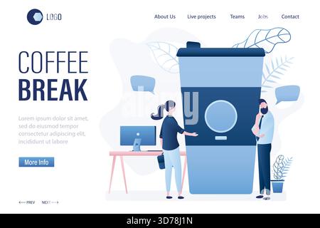 Coffee break landing page template, office workers talking. Big coffee cup and employees chatting. Handsome businessman and businesswoman in office. C Stock Vector