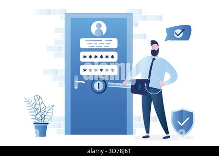 Businessman hold big key, closed door with account information and password. New account registration concept. Secure login. Funny internet user. Male Stock Vector