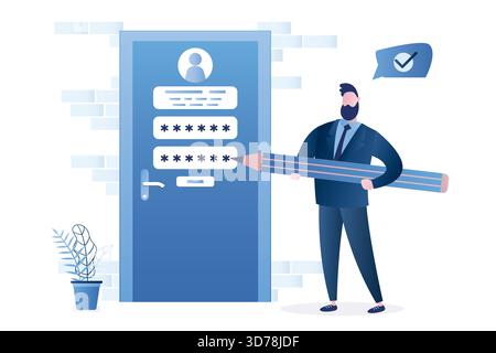 New account registration page template. Businessman or user hold big pencil. Closed door with account information and password. Secure login. Male cha Stock Vector