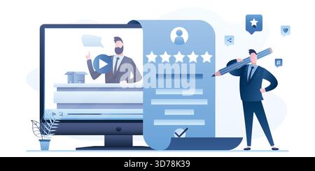 Man subscriber with positive review. Testimonials, customer feedback. Video content on monitor screen, follower hold big pencil and rate experience. O Stock Vector