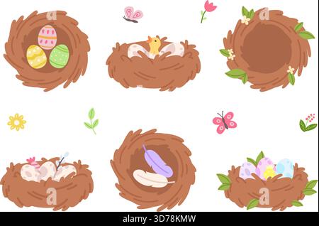 Bird nests. Nest with eggs, chick, feathers and empty. Easter decorative elements, nature decorations. Colorful festive egg, vector clipart Stock Vector
