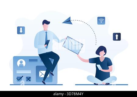 Businesspeople send and receive letters. Internet connection between people. Online communication and messaging. Mailing, social media marketing. Char Stock Vector
