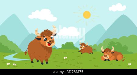 Yaks on green valley. Cartoon cattle walking on grass, resting on hills on floral meadow. Fairy tale children book illustration with farm animals Stock Vector