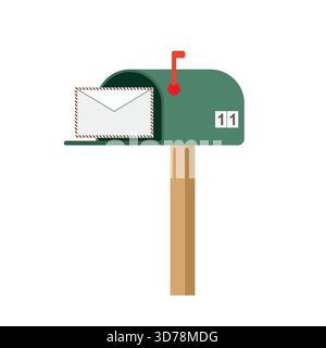 Open mailbox with letter. Traditional american metal postbox, isolated on white background. Cartoon letterbox and mail delivery. Flat Vector illustrat Stock Vector