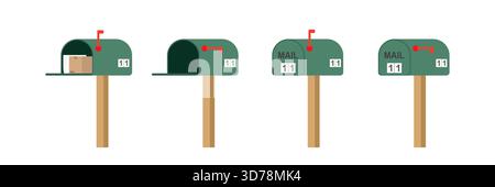 Set of open and closed mailboxes. Classic american metal postbox with newspaper and package, isolated on white background. Cartoon letterbox with mail Stock Vector