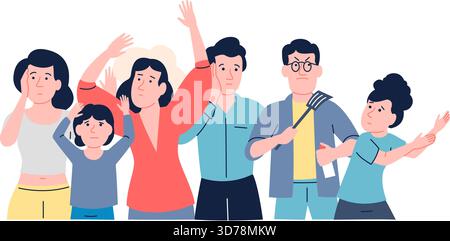 People shrugging it off, afraid, panicking. Crowd of adult and children, men and women together. Frustrated characters in panic and fear, vector scene Stock Vector
