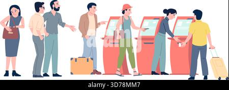 Crowd to payment terminals. People buy tickets, pay to bills. E-tickets for public transport, train, subway, bus. Men women in waiting line, vector Stock Vector
