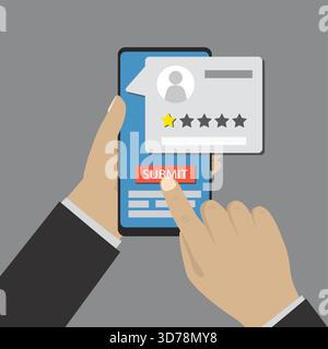 Cartoon hands holding and touch mobile phone. Customer negative review, testimonials about app or internet marketplace. Poor quality business work. Ra Stock Vector