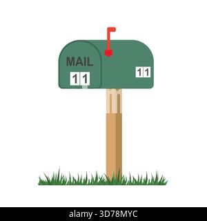 Closed mailbox. Traditional american metal postbox, isolated on white background. Cartoon letterbox standing in grass.  Flat Vector illustration Stock Vector