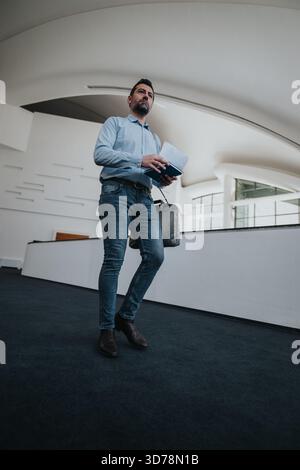 Man in a blue shirt walks through a modern lobby, carrying a notebook and briefcase Stock Photo