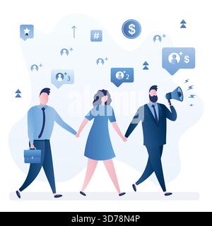 Referral program concept. People go holding hands, businessman attracts referrals. Promotion campaign, influencer and target marketing, mobile adverti Stock Vector