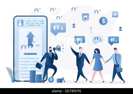 Referral program concept. Promotion campaign and target marketing, mobile advertising. Businessman uses loudspeaker to attract referrals. Group of peo Stock Vector