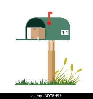 Open mailbox with newspaper and package. Classic american metal postbox, isolated on white background. Cartoon letterbox standing in grass. Red flag u Stock Vector