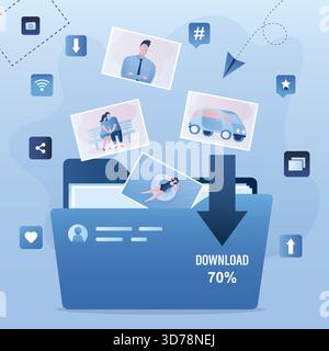 Download media content in folder. Modern technology, internet forum and social network. Photos are uploaded to site or database. Secure storage of dat Stock Vector