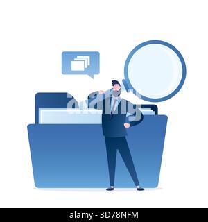 Man clerk search files data with magnifying glass in folder. Easy tidying up and organizing file and document in database. Find errors and problems in Stock Vector
