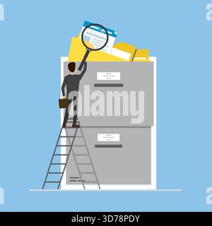 Storage box with yellow folders. Cartoon male clerk uses magnifying glass to search for documents. Files search, office paperwork. File manager, data Stock Vector