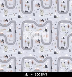 Cute hand drawn seamless pattern in scandinavian style. Road with bus and auto transport in forest, various doodle wild animals and plants. Natural an Stock Vector