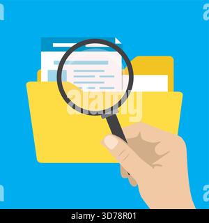 Folder with documents and cartoon hand holding magnifying glass. Files search. File manager, data storage and indexing. Design isolated on blue backgr Stock Vector
