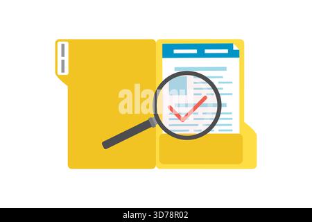 Searching file banner. Cartoon magnifying glass and yellow open folder with documents. File manager, data storage and indexing. Files search concept. Stock Vector