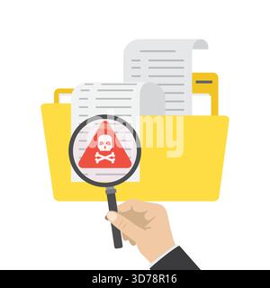 Yellow folder with files and documents. Antivirus software searching spam and viruses. Hand holding magnifying glass. Red warning mark, firewall ident Stock Vector