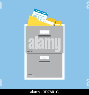 Cartoon storage box, yellow folders with documents. Files search, office paperwork. File manager, data storage and indexing. Design isolated on blue b Stock Vector