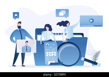 Big folder and various people with media content. Users searching files and information. Online data storage, cloud computing. Web technology, interne Stock Vector