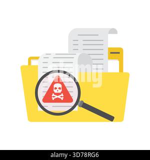 Cartoon yellow folder with files and documents. Antivirus software searching spam and viruses. Big magnifying glass with red warning mark. Firewall id Stock Vector