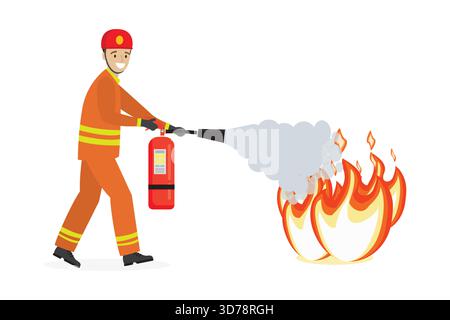 Caucasian fireman in uniform holds red fire extinguisher. Cartoon male worker extinguishes a fire. Firefighter isolated on white background. Flat vect Stock Vector