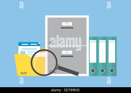 Storage box with magnifying glass and file binders, folder with documents. Files search. File manager, data storage and indexing. Paper work in office Stock Vector