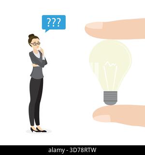 Fingers holding idea bulb. Caucasian businesswoman thinks over a new project and needs ideas. Brainstorming and teamwork concept.Female character isol Stock Vector