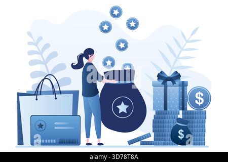 Happy woman consumer holds bag for earn points. Loyalty, bonus card, promotion program with prizes and cashback. Reward program for clients. Marketing Stock Vector