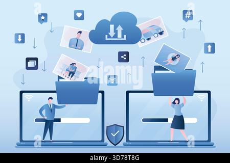 Users upload and download media content. People holding folders with various files. Online cloud technology, social network. Safe connection. Photos a Stock Vector