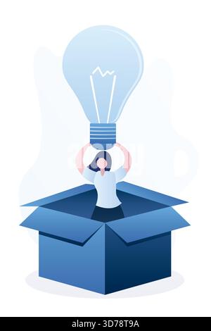 Happy woman in an opened cardboard box. Successful businesswoman holds idea bulb. Creative person or developer of new startup product. Female characte Stock Vector