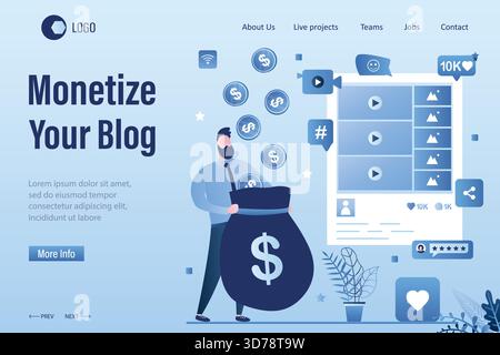 Monetize your blog landing page template. Businessman blogger creates media content and receives payments. Advertising revenue, earnings. Online busin Stock Vector
