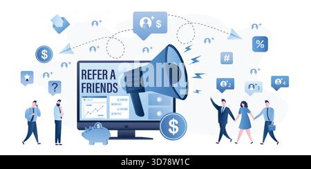 Referral program on monitor screen. Refer a friends, concept web page. Customer attraction, loudspeaker to attract new followers or subscribers. Promo Stock Vector