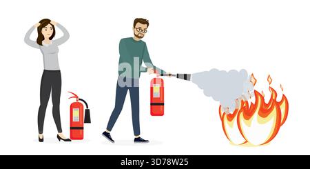 Caucasian office worker man holds red fire extinguisher. Cartoon people extinguishes fire, isolated on white background. Foam puts out flame. Dangerou Stock Vector