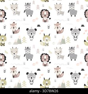 Seamless pattern with various cute animals. Doodle texture template with adorable wild animals in scandinavian style. Wildlife and nature landscape. M Stock Vector