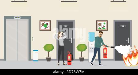 Caucasian office worker man holds red fire extinguisher. Cartoon people extinguishes fire in office hall. Foam puts out flame. Dangerous situation ind Stock Vector