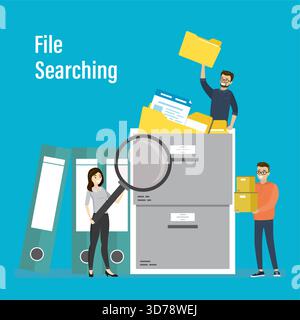 Storage box, file binders and folders with documents. Group of office workers looking for files and information. Files searching concept. File manager Stock Vector