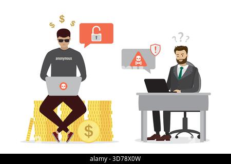 Hacker attack computer, unhappy user at workplace, scam alert. Data protection, effective antivirus. Virus detection, network piracy danger. Hacker st Stock Vector