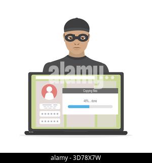 Man hacker in mask steals passwords and information. Spamming, virus detection. Hacker attack, scam alert. Laptop with unlock profile. Network piracy Stock Vector