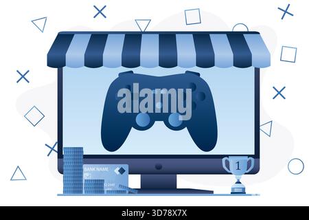 Game controller on monitor screen, online store of games and accessories. Online safe payment. Virual competition, video game. Trendy style design. Mo Stock Vector