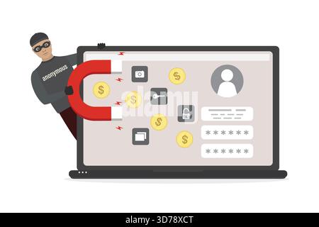 Anonymous holds magnetic and attract or steal login, password and data. Spamming, hacker attack. User profile on laptop screen. Network piracy danger. Stock Vector