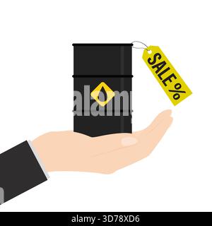Big hand holding oil barrel. Sale of petroleum products and fuels. Petroleum in tank with label sale. Discount, falling oil prices. Cartoon Design iso Stock Vector