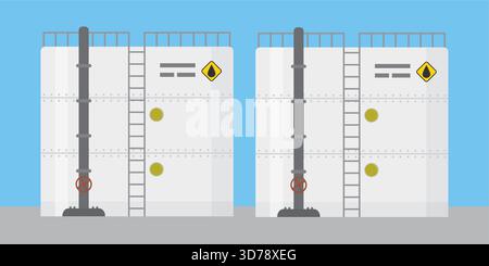 Two oil storage tanks. Cartoon steel container with pipe and ladder. Metal petroleum reservoir. Scene from the oil industry. Horizontal banner. Flat s Stock Vector