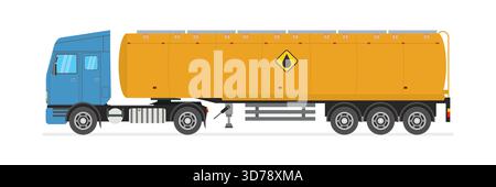 Big blue semi truck with yellow fuel tank. Oil industry truck design. Cartoon petroleum tank. Side view. Vehicle isolated on white background. Flat ve Stock Vector
