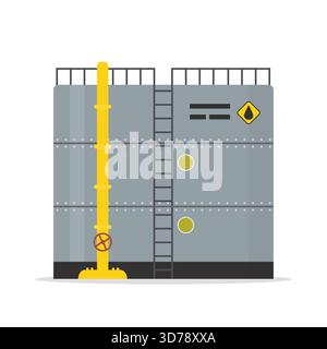 Oil storage tank. Cartoon steel container with pipe and ladder. Metal petroleum reservoir isolated on white background. Flat style vector illustration Stock Vector